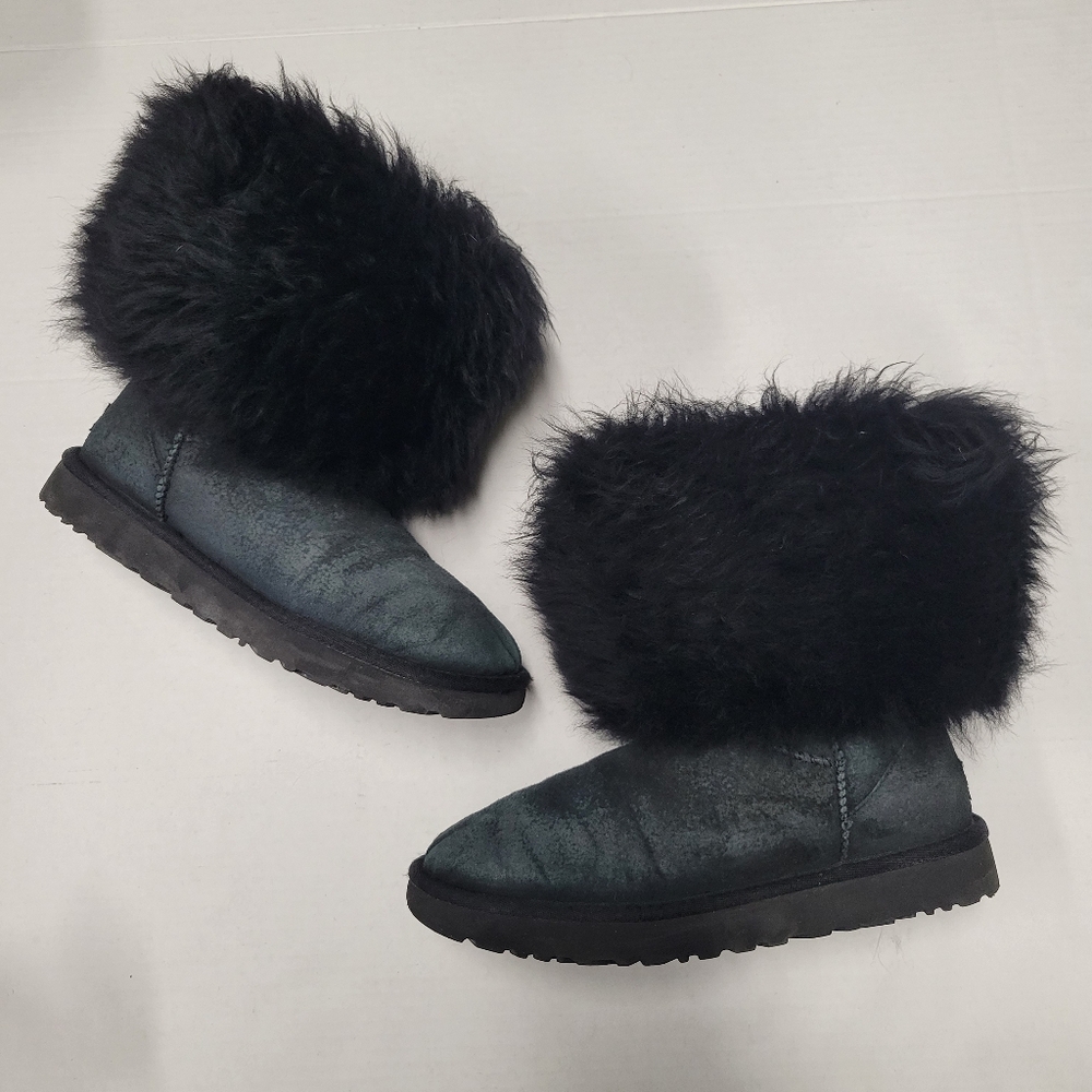 UGG Mongolian Fur Cuff Sheepskin Boots Black Fluff Size 7